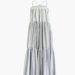 J CREW 3 Tier Navy Blue Linen Stripe Dress